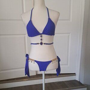 Huanledaishu Royal Blue  Rhinestone Two Piece Strappy Bikini Size Small